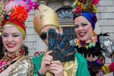 thumbnail: Press call for parade with L to R: Bella Agogo, Johnny Murphy as St. Patrick and Moe Coakley.