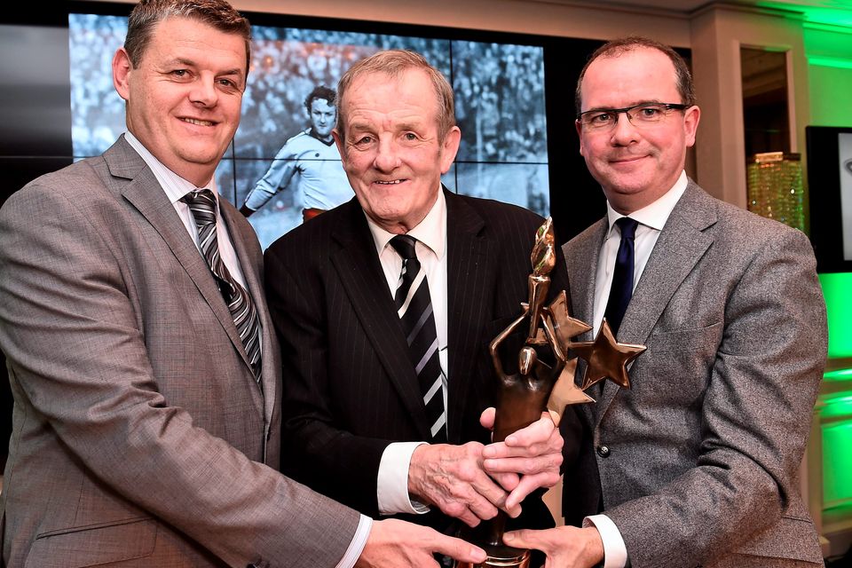 22 December 2014; Former Dublin player Jimmy Keaveney, who was presented with the Hall of Fame award from Pat King, right, CEO of the Doyle Collection group of hotels and Robert Pitt Chief Executive, Independent News & Media during the Croke Park Hotel / Irish Independent Sportstar of the Year Luncheon 2014. The Westbury Hotel, Dublin. Picture credit: David Maher / SPORTSFILE