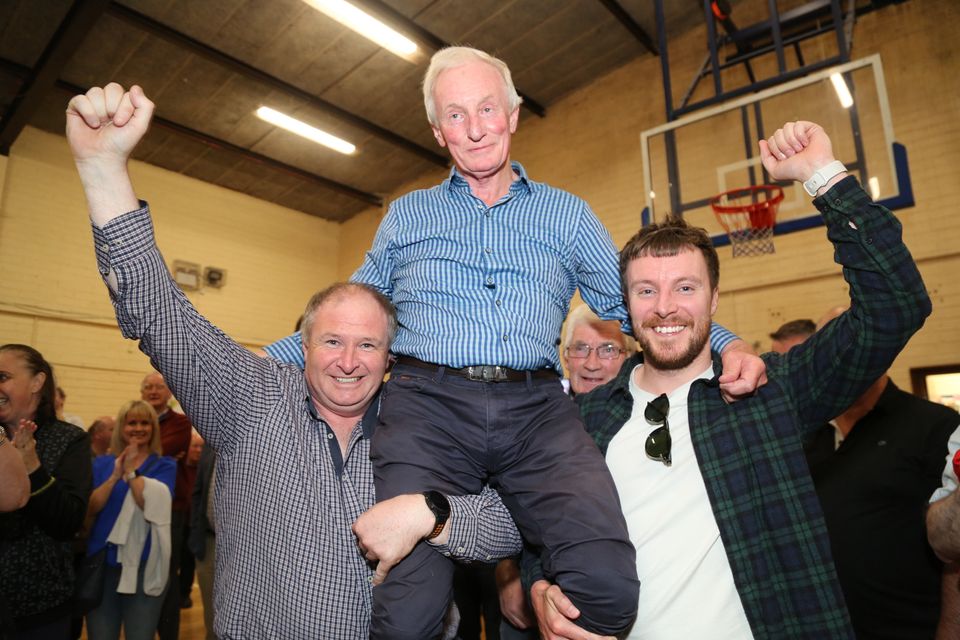 Liam Madden (FG) is held aloft by supporters after his re-election to Mallow LEA.