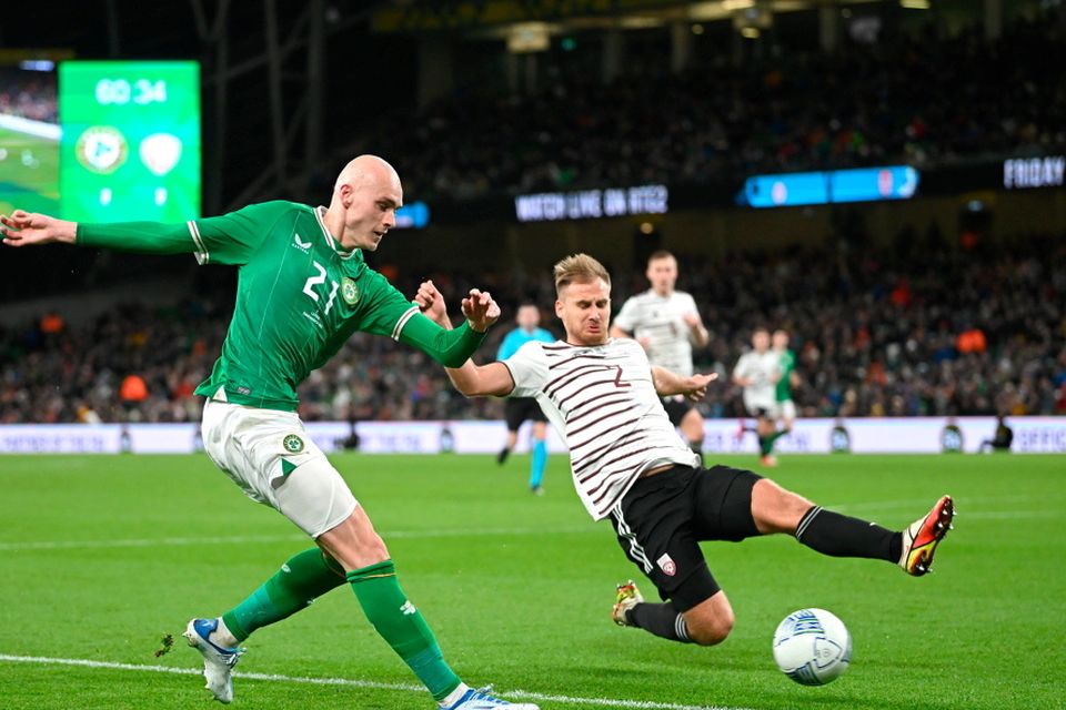 Will Smallbone of Ireland in action against Vladislavs Sorokins of Latvia