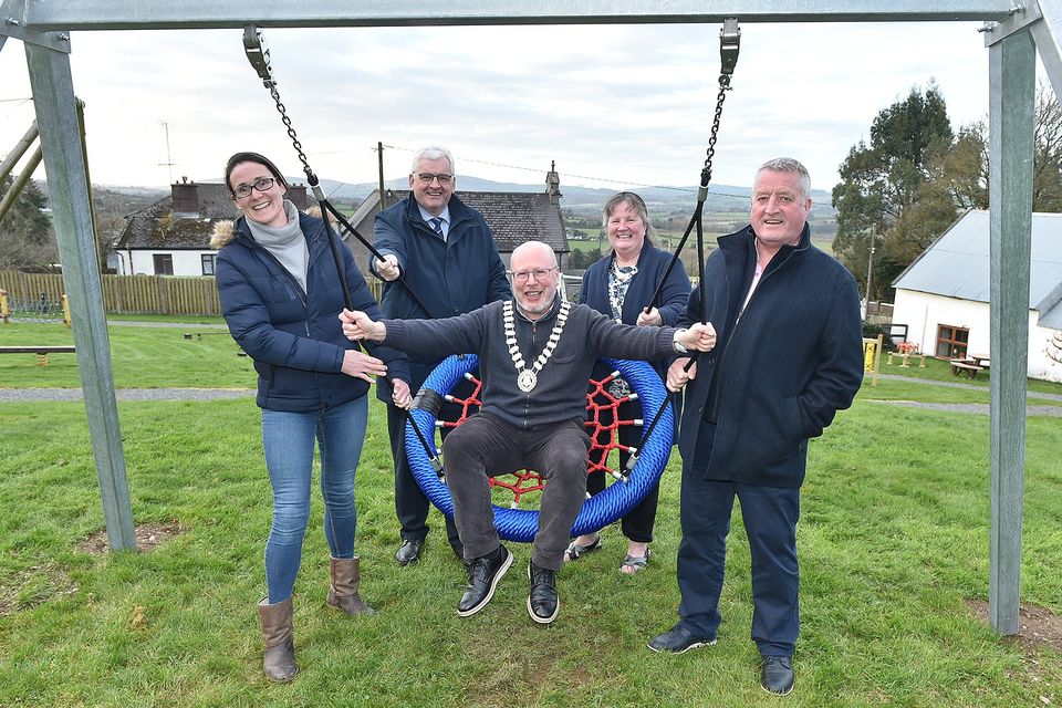 Linda Kearney (Chairperson Askamore Community Council), Cllr Joe Sullivan, Cllr Fionntán Ó  Suilleabháin (leas-Cathaoirleach, Gorey Kilmuckridge Municipal District), Mary Doran (Local resident) and Cllr Donal Breen pictured with the new swing, one of the new additions to the children's playground at Le Chéile Park, Askamore on Tuesday. Pic: Jim Campbell