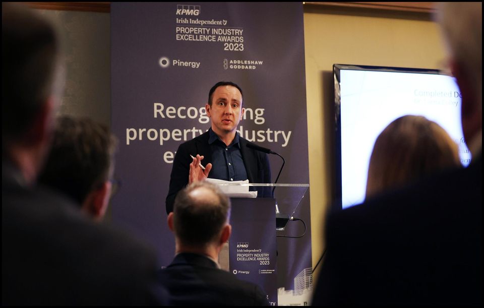 Dr Frank Harrington from TU Dublin speaking at the launch of the Property Industry Excellence Awards. Photo: Steve Humphreys