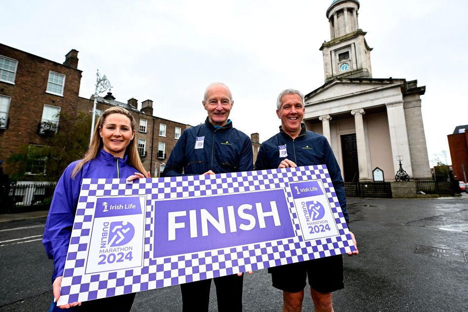 The Irish Life Dublin Marathon will run through the city streets on Sunday, October 27, starting on Leeson Street Lower and finishing on Mount Street Upper. Pictured are, from left, Aideen O’Connor, Programme & Services Development Manager of the Dublin City Sport and Wellbeing Partnership, and member of Clonliffe Harriers; Dublin Marathon Race Director Jim Aughney and Martin Kelly, who has ran every Dublin Marathon since 1980, and a member of Raheny AC. Photo: Ramsey Cardy/Sportsfile