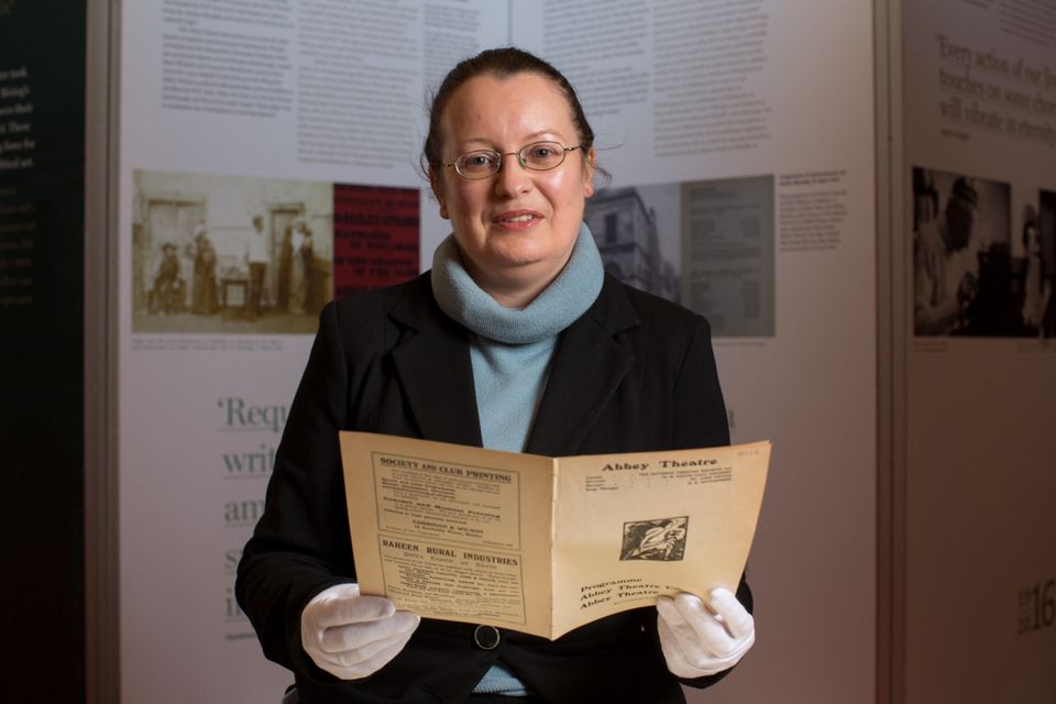 Show must go on: Archivist Mairead Delaney carefully holds an Abbey Theatre programme from Easter Monday 1916. Photo: Fergal Phillips.
