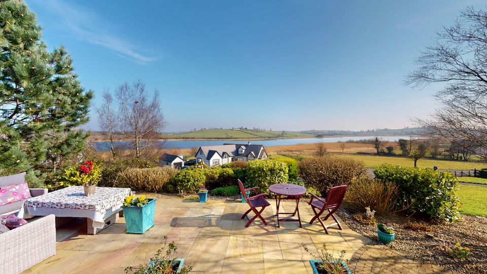 The outdoor seating area, with lake views