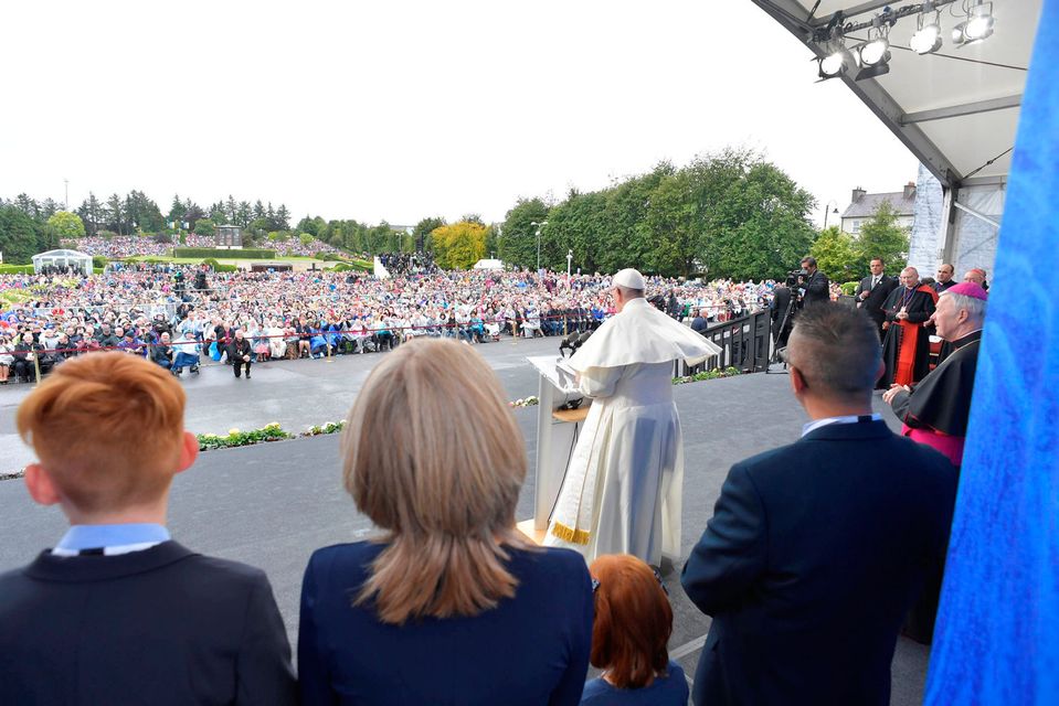 Pope Francis speaks to the audience during his visit to Knock, Ireland August 26, 2018. Vatican Media/Handout