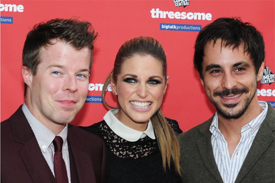 Amy with 'Threesome' costars Stephen Wright and Emun Elliott in Dublin last year.