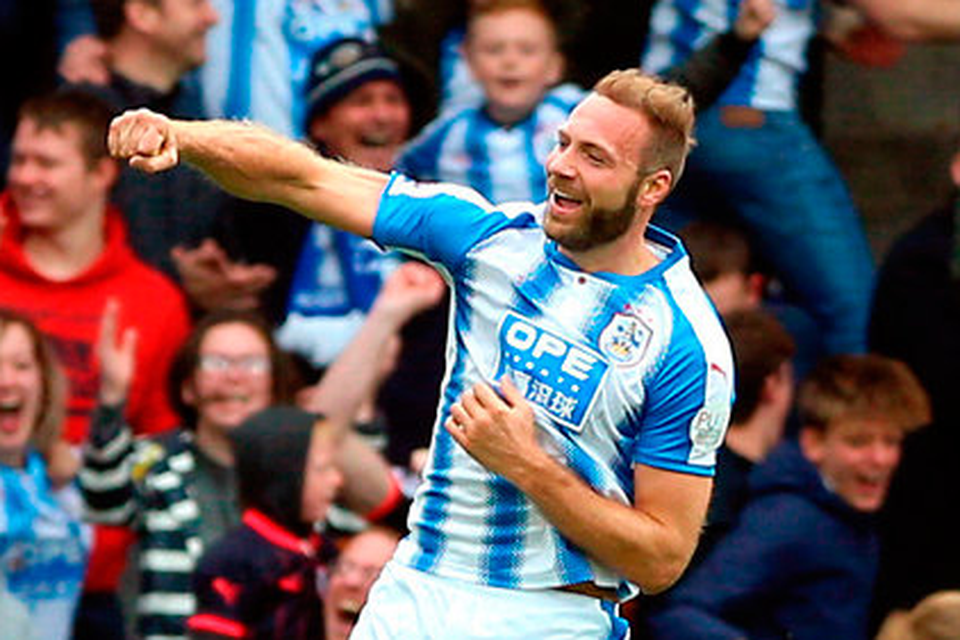 Huddersfield Town’s Laurent Depoitre celebrates scoring his side’s second goal in the 2-1 Premier League win over Manchester United at the John Smith’s Stadium yesterday. Photo: Nigel French/PA