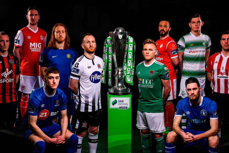 From left, Derek Pender of Bohemians, Ian Bermingham of St. Patricks Athletic, John Martin of Waterford, Hugh Douglas of Bray Wanderers, Stephen O'Donnell of Dundalk, Conor McCormack of Cork City, Rafael Cretaro of Sligo Rovers, Eoin Wearen of Limerick, Trevor Clarke of Shamrock Rovers and Gavin Peers of Derry City