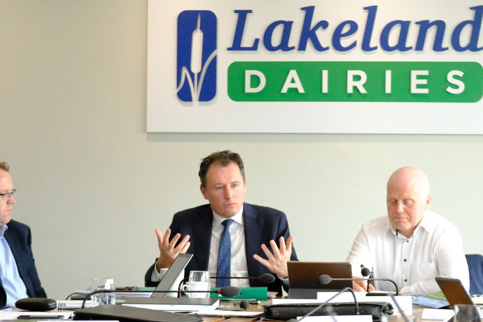 Lakeland Dairies CEO Colin Kelly with the Minister for Agriculture Charlie McConalogue and Lakeland Chairperson Niall Matthews at a recent meeting in the co-op.