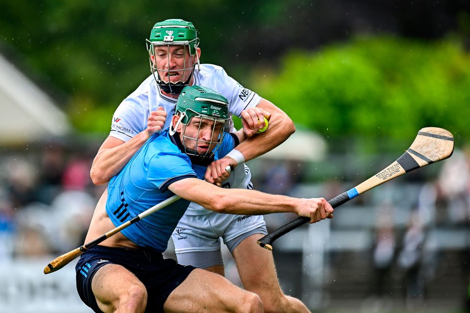 Dublin's Chris Crummey holds off Jack Sheridan of Kildare at Cedral St Conleth's Park in Newbridge, Kildare. Photo: Piaras Ó Mídheach/Sportsfile