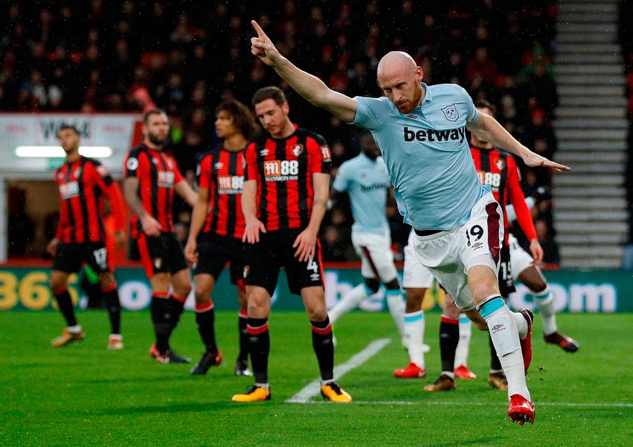 James Collins celebrates after giving West Ham an early lead. Photo: REUTERS/Peter Nicholls
