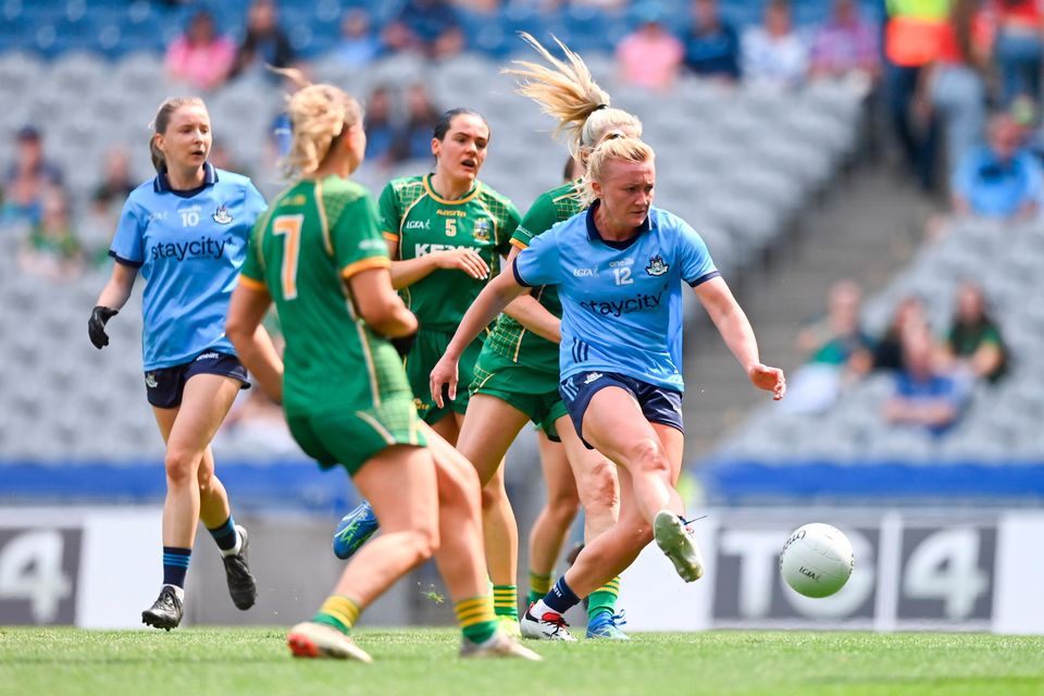 Carla Rowe of Dublin scores her side's first goal during the Leinster LGFA Senior Football Championship final match between Dublin and Meath at Croke Park. Photo: Ben McShane/Sportsfile