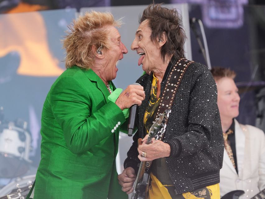 Rod Stewart with guest Ronnie Wood performing on the Pyramid Stage during the Glastonbury Festival at Worthy Farm in Somerset (Yui Mok/PA)