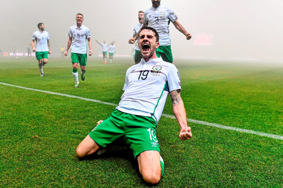 Robbie Brady celebrates after giving Ireland the lead in play-off first leg against Bosnia & Herzegovina in Zenica