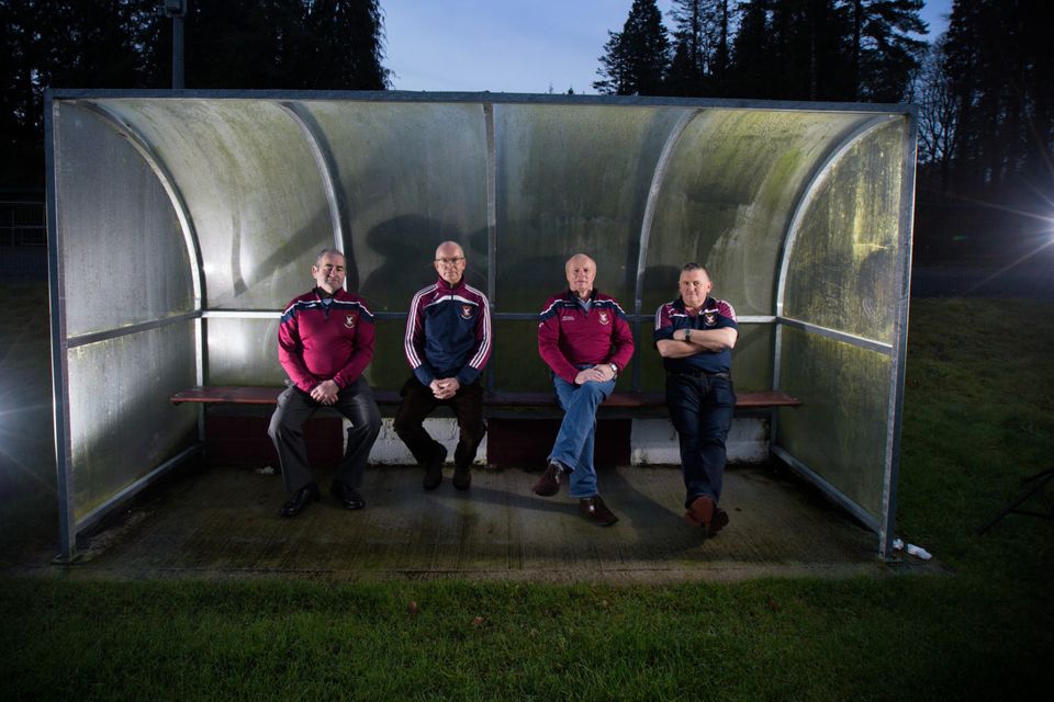 Frank Mulligan, Seamus Fitzpatrick, Paddy Brady and Joe Rogers: ‘That’s the border,’ says Mulligan. ‘That is Leinster and Ulster, Mullinalaghta and Gowna, Cavan and Longford.’ Photo: Mark Condren