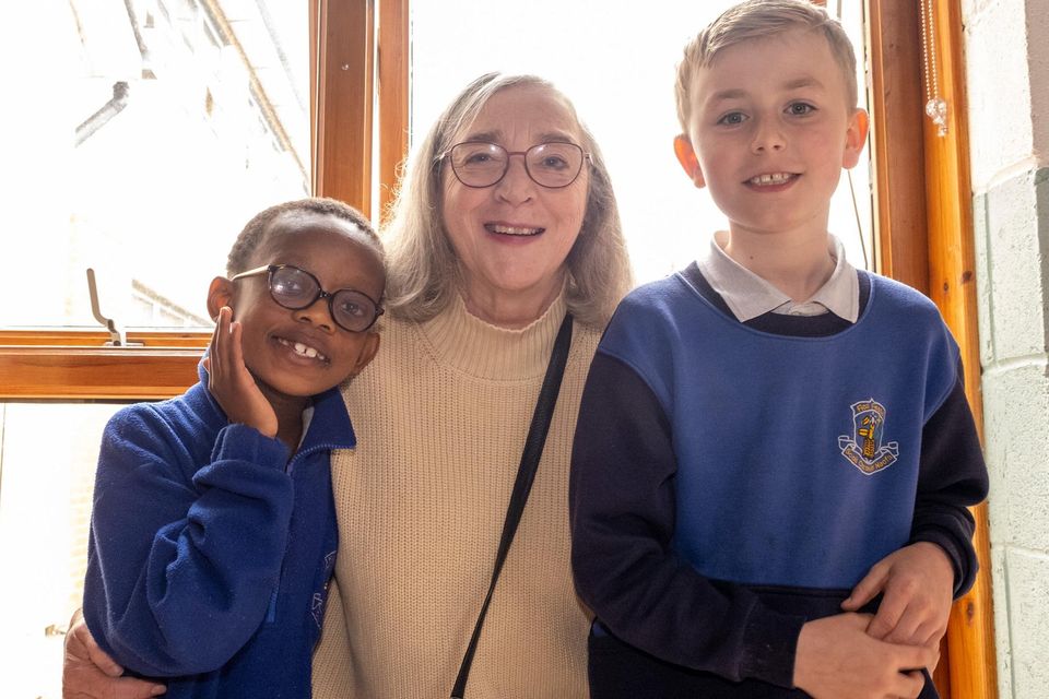 Grandparents Day At St Cronan's BNS Bray. Arefa Rankwe and Samuel Stunell with Aoife Cuffe