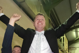 thumbnail: Who's the man: Fianna Fáil’s Malcolm Byrne is lifted shoulder high by delighted supporters after being declared elected at the Wexford Count Centre on Saturday evening