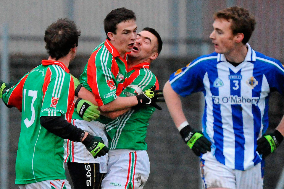 Flashback: Garrycastle’s Mark McCallon turns to celebrate with Patrick Mulvhill (right), after scoring a goal in their famous victory over Ballyboden in the 2009 Leinster club SFC. Photo: Sportsfile