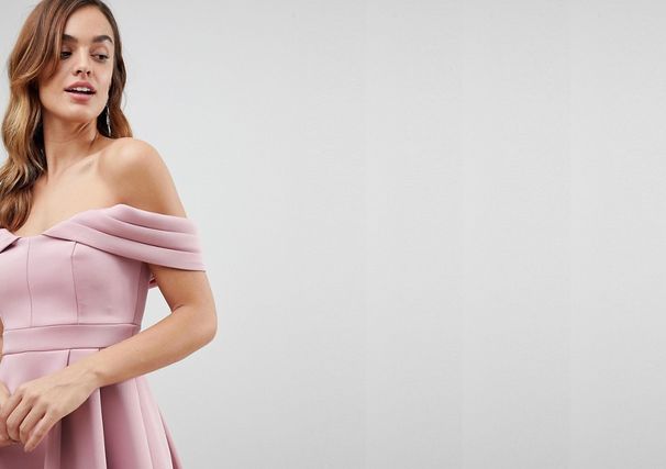 ASOS DESIGN bare shoulder prom midi dress in rose