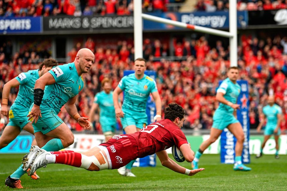 Joey Carbery dives over to score Munster’s first try during the Champions Cup match against Exeter at Thomond Park. Photo: Harry Murphy/Sportsfile