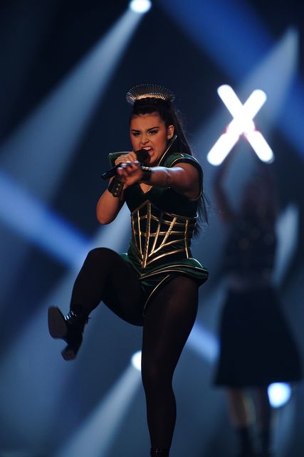 Alessandra, the entrant from Norway, performs at the Eurovision semi-final dress rehearsal at the M&S Bank Arena in Liverpool. (Peter Byrne, PA)