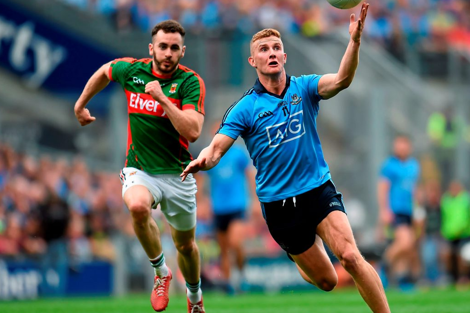 Ciaran Kilkenny, in action against Mayo’s David Drake, was the focal point for Dublin’s attack in the first half