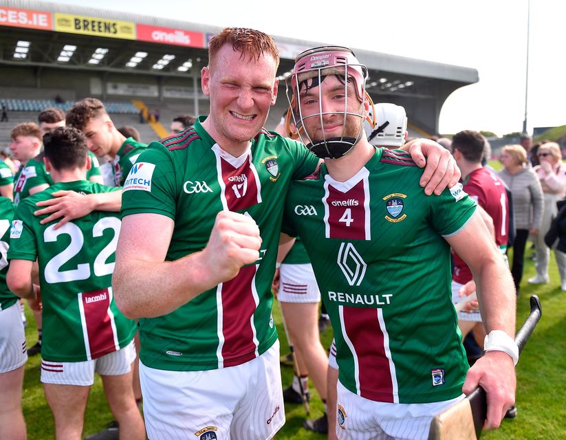 Westmeath's Niall Mitchell, left, and Johnny Bermingham celebrate after their Leinster SHC Round 4 win against Wexford. Photo: Daire Brennan/Sportsfile