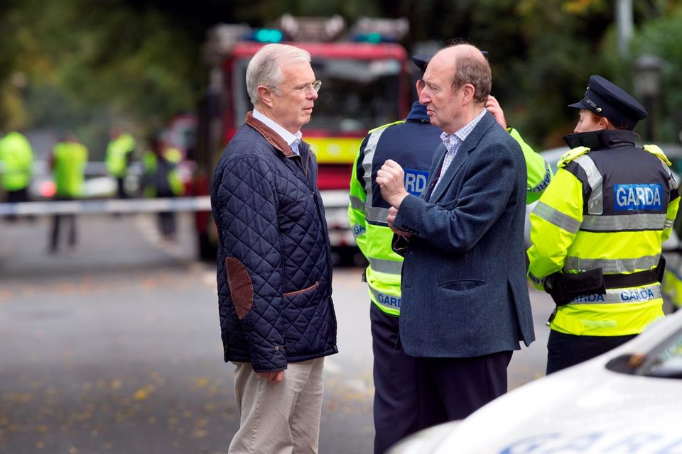 Independent TD's Peter Matthews and Shane Ross at the scene of the tragic fire at Glenamuck Road, Carrickmines, this morning. Photo: Tony Gavin.