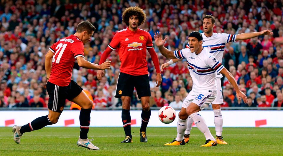 Manchester United's Ander Herrera has a shot at goal. Photo credit: Niall Carson/PA Wire