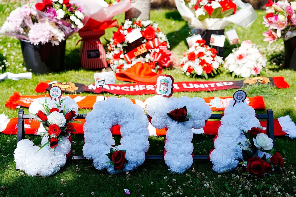 A floral tribute left at Anfield following the death of Diogo Jota. Picture: Peter Byrne/PA Media