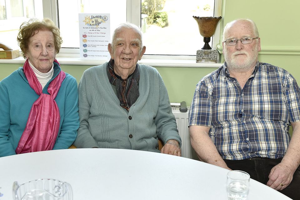 Dolores Cahill, John Cahill and Phil Kinsella enjoyed the fundraiser for Wicklow Dementia Support and The Alzheimers Society of Ireland in Carnew Community Care, Carnew on Thursday. Pic: Jim Campbell