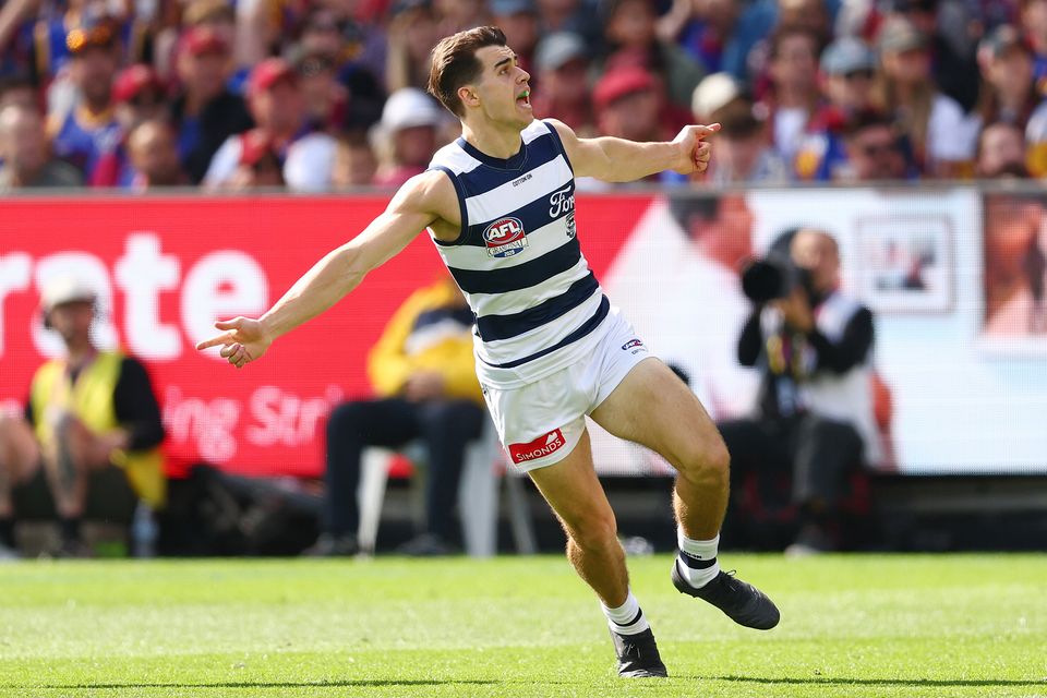 Geelong Cats' Oisín Mullin celebrates a goal during last year's AFL grand final. Photo: Getty