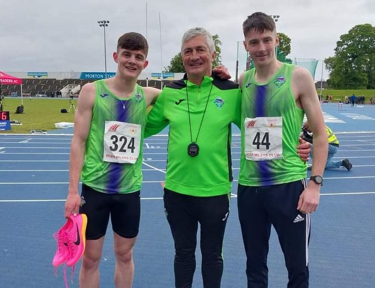 Oisin Lynch, Jack O'Leary and coach Con Lynch of Killarney Valley at the Irish Milers Meeting