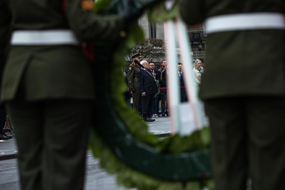 President Michael D Higgins who laid a wreath at the 106th anniversary of the Easter Rising at a ceremony outside the GPO on Dublin’s O’Connell Street. Pic: Mark Condren