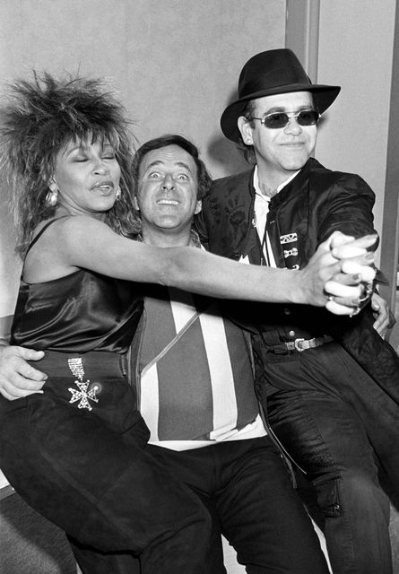 Tina Turner with Terry Wogan and Elton John at the BBC TV centre in Shepherds Bush, London, to help launch Wogan’s chat show series(PA)