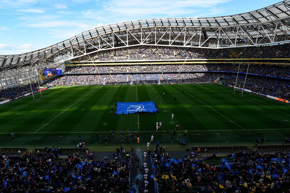 Leinster and La Rochelle players run out before the Champions Cup quarter-final at the Aviva Stadium last weekend. Photo: Harry Murphy/Sportsfile