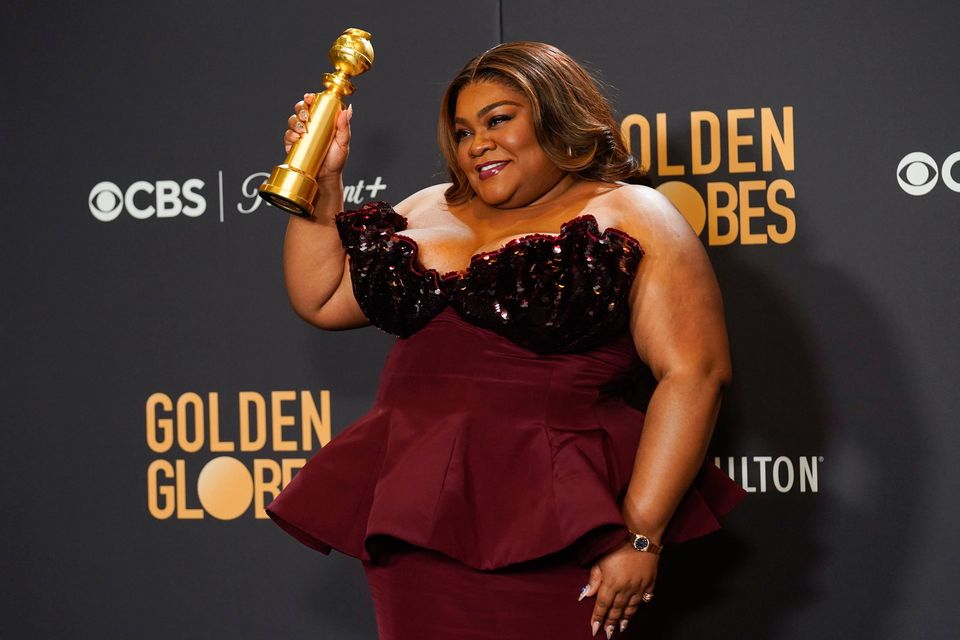 Da'Vine Joy Randolph poses in the press room with the award for best performance by an actress in a supporting role in any motion picture for "The Holdovers" at the 81st Golden Globe Awards on Sunday, Jan. 7, 2024, at the Beverly Hilton in Beverly Hills, Calif. (AP Photo/Chris Pizzello)