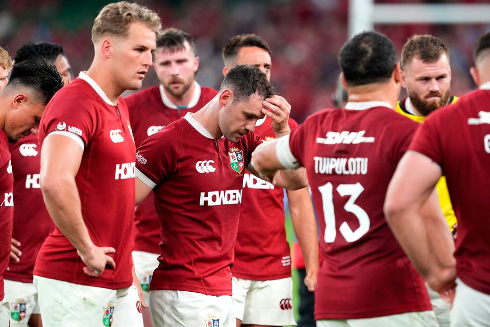 British and Irish Lions players appear dejected following the Lions 1888 Cup match at the Aviva Stadium in Dublin, Ireland