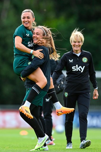 Katie McCabe (left) with goalkeeper Grace Moloney and manager Vera Pauw in the background during a Republic of Ireland women training session at UCD Bowl in Dublin. Photo: Stephen McCarthy/Sportsfile