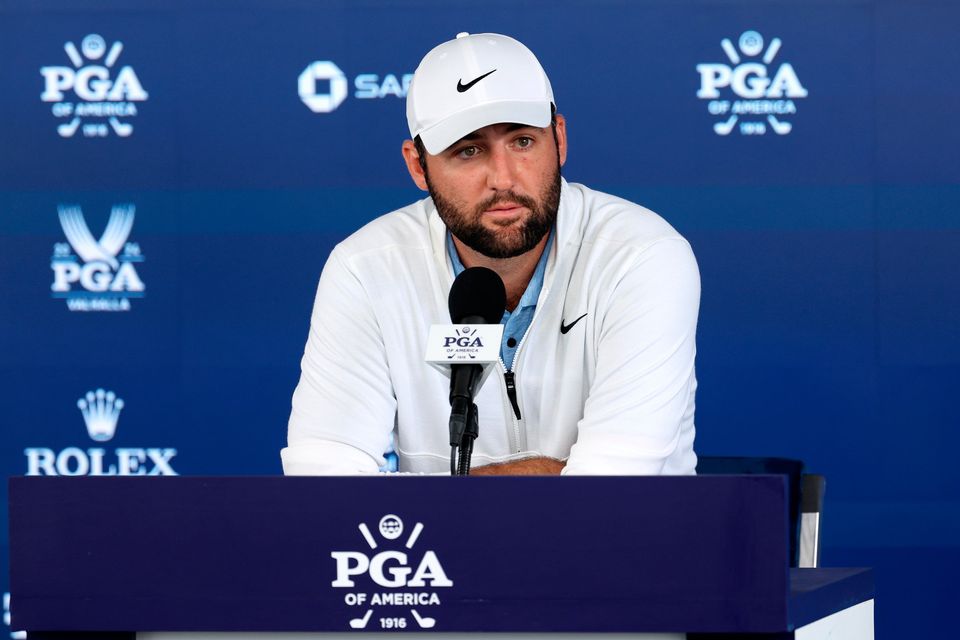 Scottie Scheffler speaks to the media after his second round at PGA Championship in Louisville, Kentucky. Photo by Patrick Smith/Getty Images