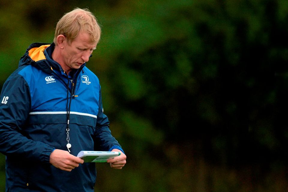 Leinster’s coach, Leo Cullen, consults his notes before training.