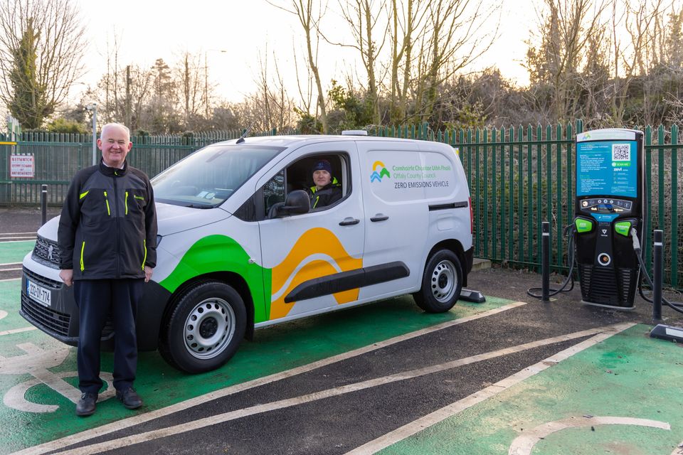 Zero Emission Vehicles for Offaly County Council: Offaly County Council caretaking staff Joe Duffy and Noel Thompson pictured with their new Zero Emissions Vehicle at the EV charging point in Offaly County Council's Machinery Yard, Tullamore