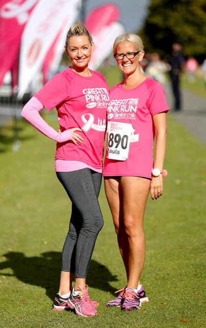 Pictured are (LtoR) Paula McClean and Vivienne Connolly with other thousands of men, women and children taking part in the 5th Great Pink Run.  Photography: Sasko Lazarov/ Photocall Ireland