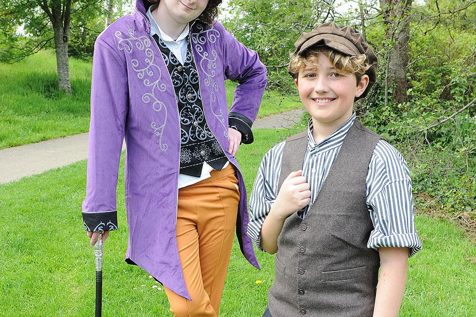 Willie Wonka (Dylan Byrne) and Charlie Bucket (Sean Nolan) pictured during the rehearsals for Innovations theatre school Charlie and the Chocolate in Gorey Community School on Saturday. :Pic: Jim Campbell