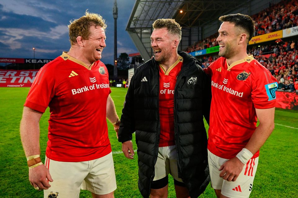 Munster players, from left, Stephen Archer, Peter O'Mahony and Conor Murray, after playing their last game for Munster in Thomond Park, after the United Rugby Championship win over Ulster at Thomond Park in Limerick. Photo: Brendan Moran/Sportsfile
