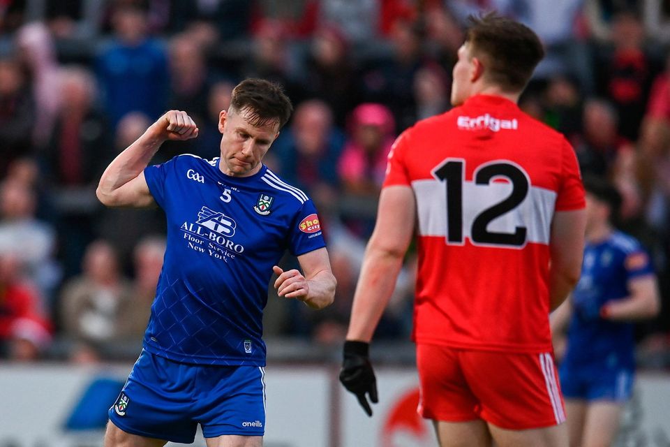 Monaghan's Karl O'Connell celebrates kicking the equalising point against Derry at Celtic Park, Derry on Saturday. Photo: Harry Murphy/Sportsfile