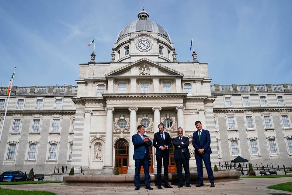 Taoiseach Simon Harris, Housing Minister Darragh O’Brien, Environment Minister Eamon Ryan and An Post CEO David McRedmond at Government Buildings, Dublin, for the announcement of the  new Dublin Cty Taskforce. Photo: PA