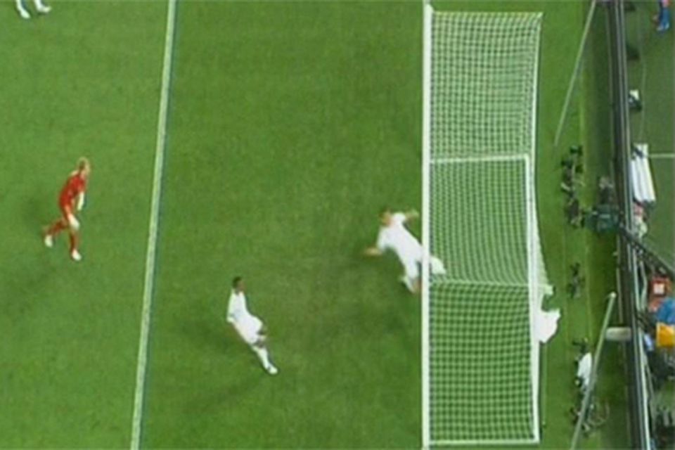 John Terry clearing the ball after it looked to have crossed the line against Ukraine. Photo: ITV