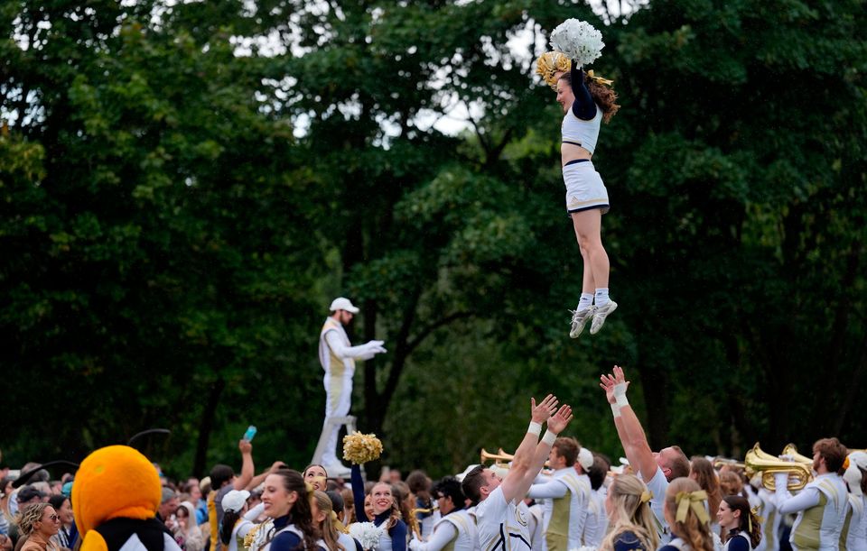 Georgia Tech cheerleaders performing at the Georgia Tech Helluva Block Party Pep Rally in Merrion Square, Dublin, as part of the build up to Saturday’s Aer Lingus College Football Classic, US College football match in Dublin. Photo: Brian Lawless/PA Wire